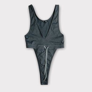 Shein Solid Grey Drawstring Waist Plunging Neck Bodysuit